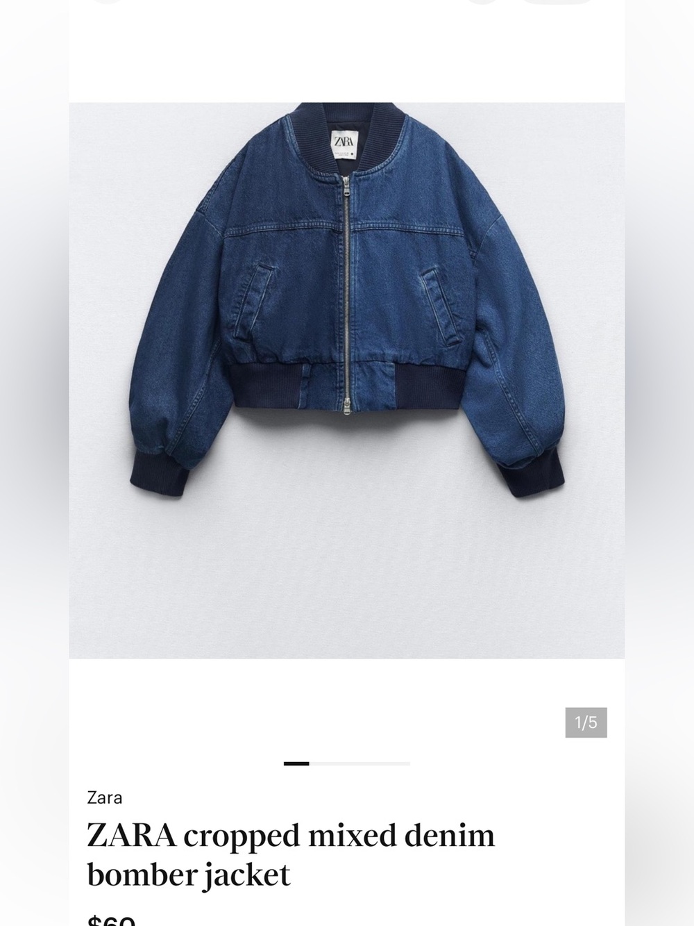 Zara Dark Blue Cropped Denim Bomber Jacket